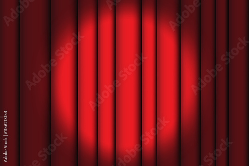Red stage curtain. Spotlight shining center. Dramatic theater view. Vertical stripe texture.