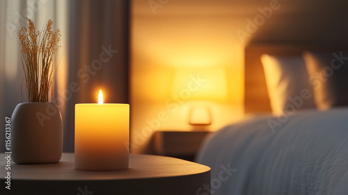 ベッドサイドに揺らめくロマンチックなキャンドルとシンプルな空間