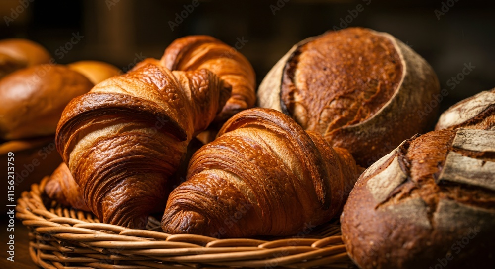 Freshly baked croissants and bread displayed in a rustic bakery setting Freshly baked croissants and bread displayed in a rustic bakery setting