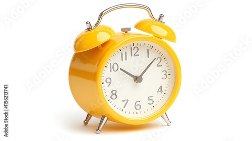 Bright yellow alarm clock on a white background, symbolizing time management. photo