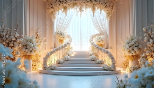 Wallpaper Mural Elegant White Wedding Staircase Decor: Floral Arrangement and Classic Architecture Torontodigital.ca