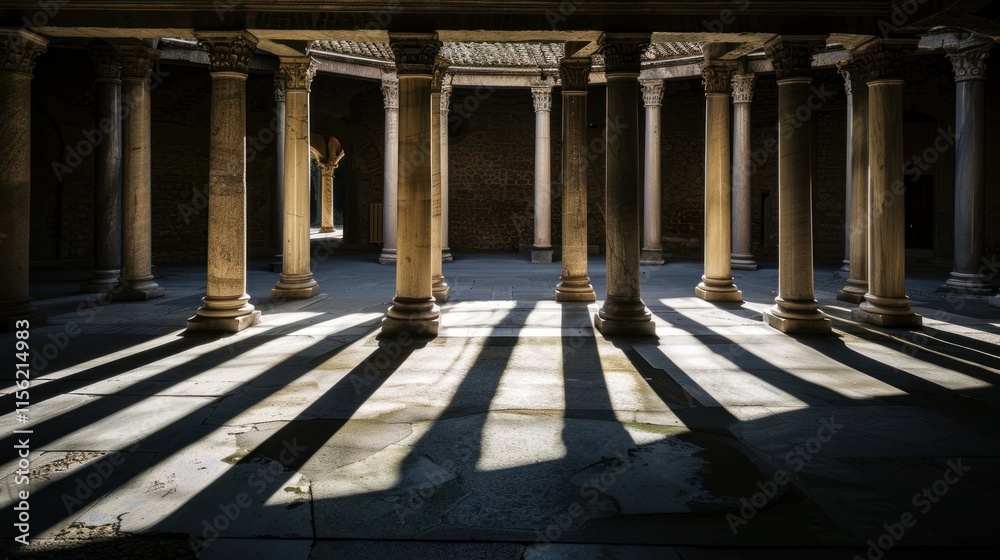 Ancient Roman colonnaded courtyard, sunbeams casting shadows on the floor. Ancient Roman colonnaded courtyard, sunbeams casting shadows on the floor.