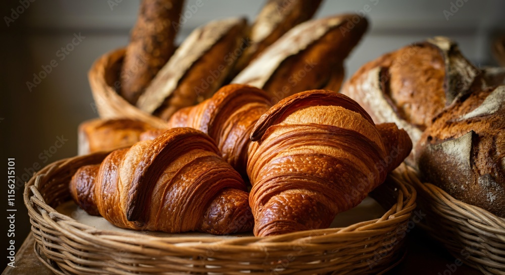 Freshly baked croissants and bread displayed in a rustic bakery setting Freshly baked croissants and bread displayed in a rustic bakery setting