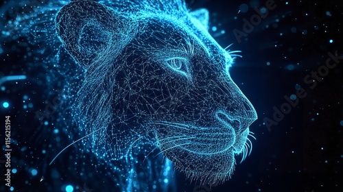 Blue Digital Hologram Lion Head AI in Wildlife Conservation.

 photo