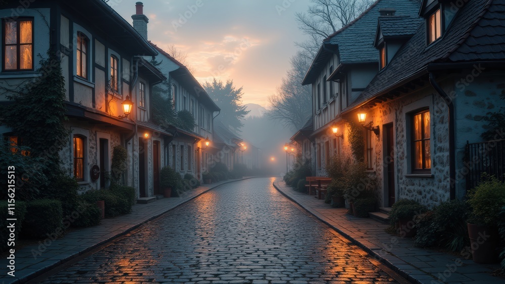 Enchanted Cobblestone Lane: A Misty Twilight in a European Village Enchanted Cobblestone Lane: A Misty Twilight in a European Village