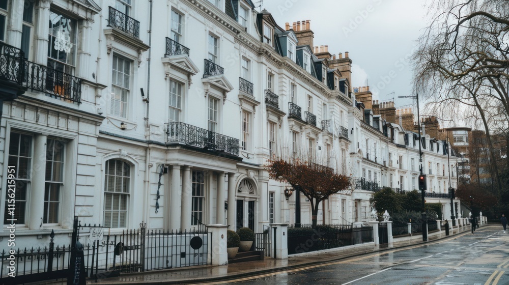 Fototapeta premium Elegant London townhouses line a wet street.