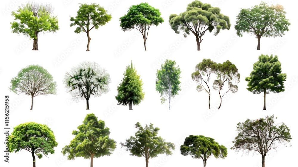 Fototapeta premium Collection of various trees isolated on white background. Lush green foliage