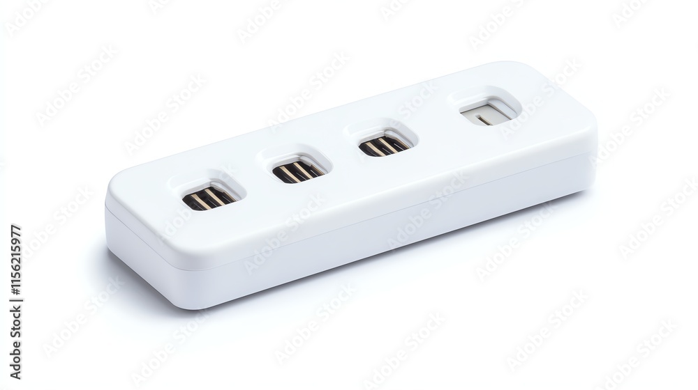 White electronic device with multiple slots for charging cables, isolated background. White electronic device with multiple slots for charging cables, isolated background.