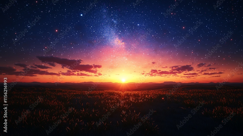 Fototapeta premium Vibrant sunset over grassy field with starry night sky.
