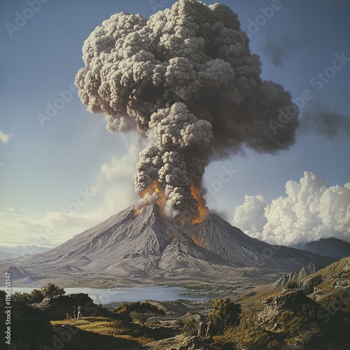 Active volcano erupting with ash and smoke against a scenic landscape photo