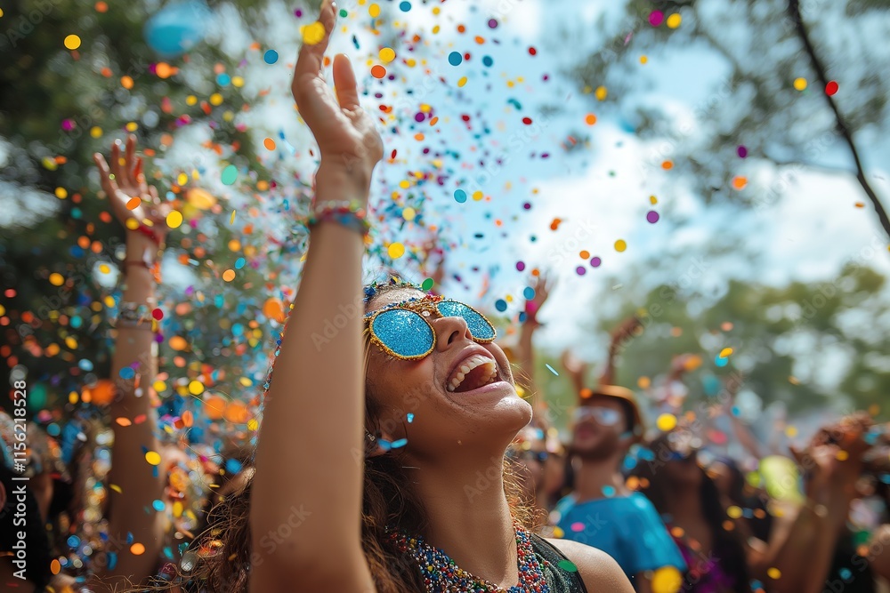 Vibrant carnival celebration with colorful beads flying through the air in a lively crowd during daytime festivities