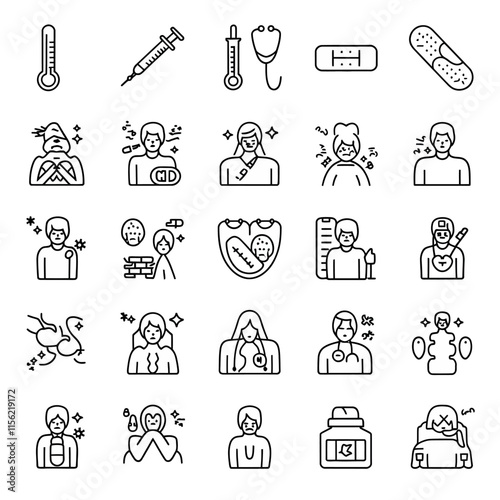 Set of  outline icons related to sickness, illness, disease. Linear icon collection. Editable stroke. Vector illustration