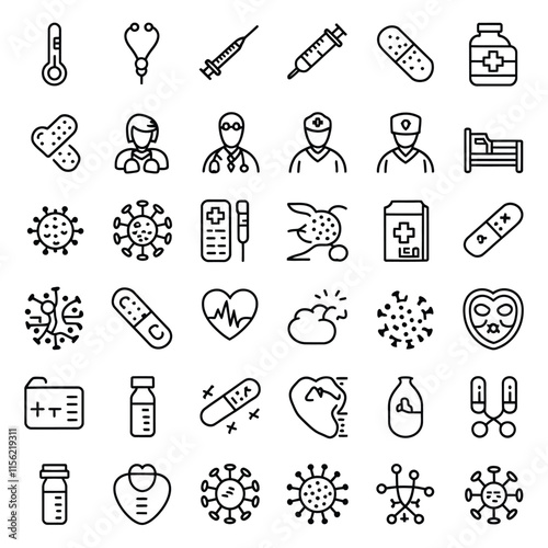 Set of  outline icons related to sickness, illness, disease. Linear icon collection. Editable stroke. Vector illustration