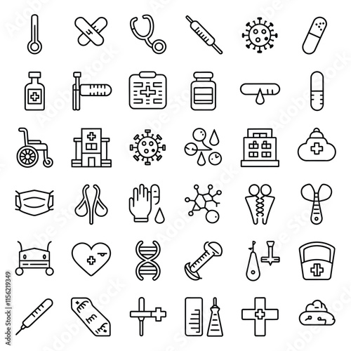 Set of  outline icons related to sickness, illness, disease. Linear icon collection. Editable stroke. Vector illustration