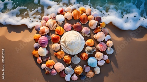Coastal Beauty: Circular Arrangement of Colorful Sea Shells by the Ocean’s Gentle Waves