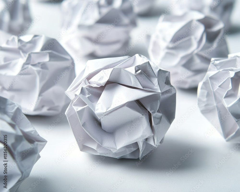 A close-up of crumpled white paper balls scattered on a light surface, showcasing texture and depth. A close-up of crumpled white paper balls scattered on a light surface, showcasing texture and depth.
