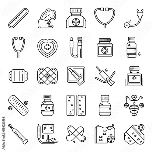 Set of  outline icons related to sickness, illness, disease. Linear icon collection. Editable stroke. Vector illustration