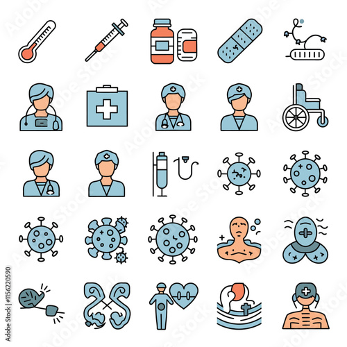 Set of  outline icons related to sickness, illness, disease. Linear icon collection. Editable stroke. Vector illustration