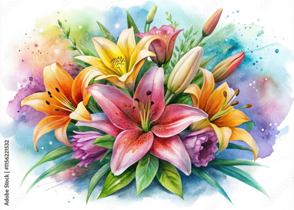 Fototapeta premium Vintage Watercolor Lily Bouquets - AI Photo