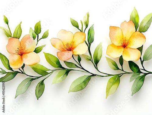 Watercolor Painting of Yellow Flowers and Green Leaves