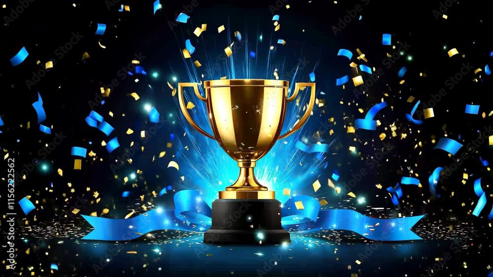 Golden Trophy with Blue Ribbon and Confetti on Glowing Background Celebration Golden Trophy with Blue Ribbon and Confetti on Glowing Background Celebration