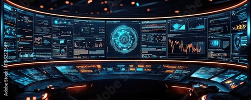 Operate room concept. Futuristic control room with digital screens displaying data and analytics.