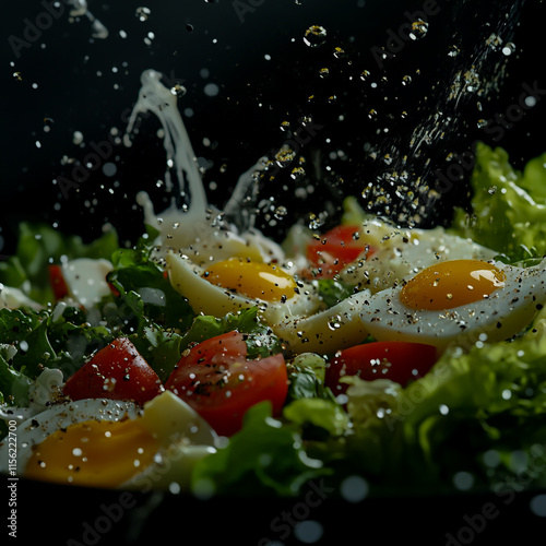 Cinematic close-up of salad with egg, fresh vegetables and green lettuce on black background. photo