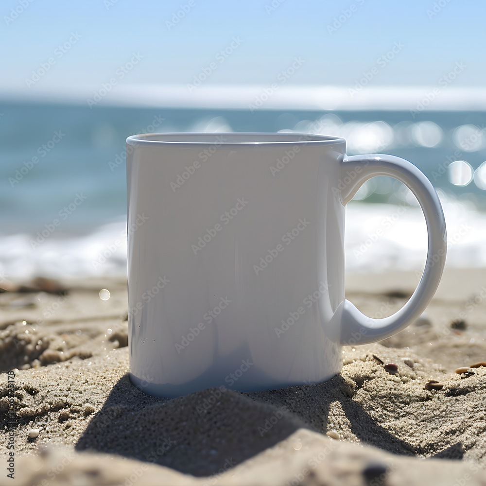White Mug on Sandy Beach by Ocean White Mug on Sandy Beach by Ocean