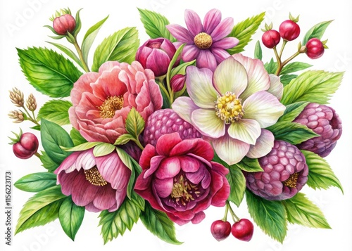 Wallpaper Mural Watercolor Botanical Illustration: Raspberry, Hellebore, Peony Bouquet Torontodigital.ca