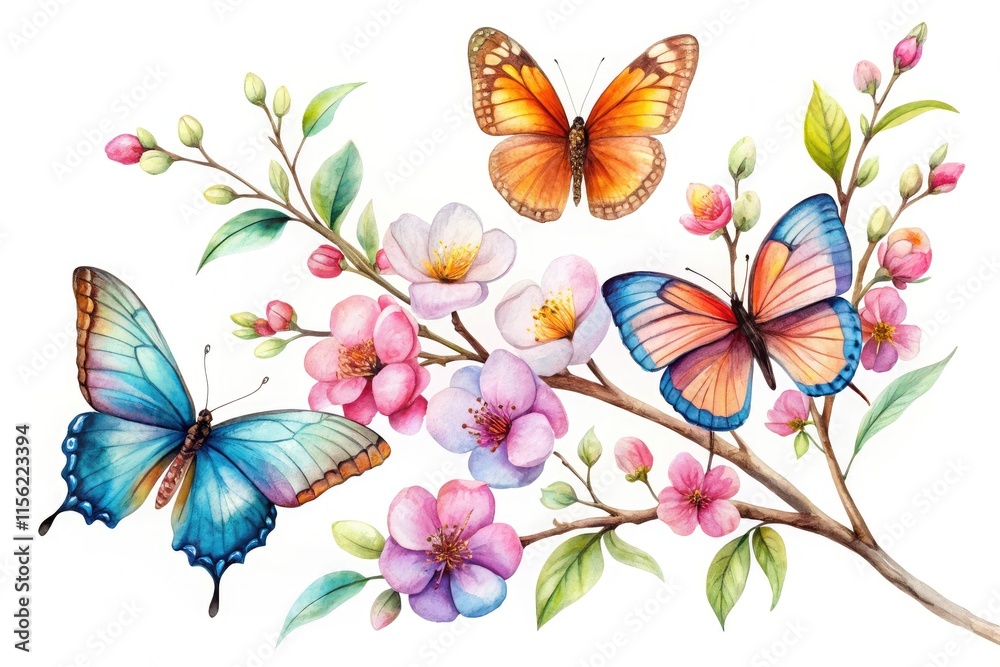 Fototapeta premium Watercolor Butterflies, Flowering Twig - Design Print Poster