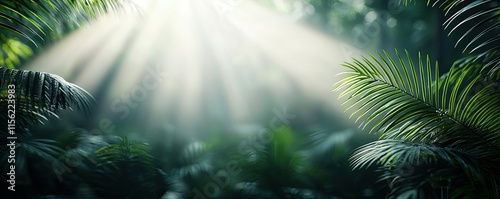Mist forest concept. Lush greenery illuminated by soft sunlight in a tranquil forest setting.