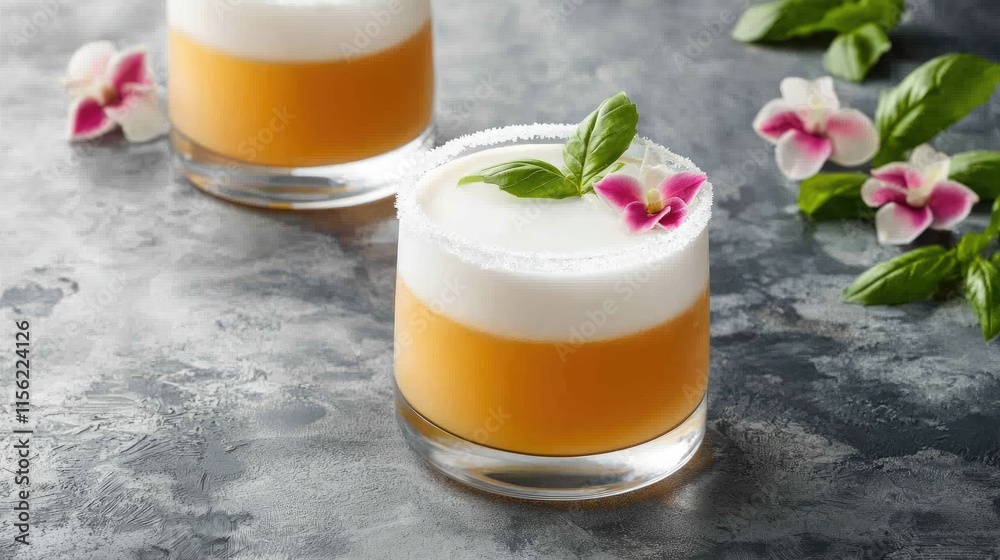 Two elegant dessert glasses layered with orange and cream, garnished with mint leaves and edible flowers, set against a textured background. Two elegant dessert glasses layered with orange and cream, garnished with mint leaves and edible flowers, set against a textured background.