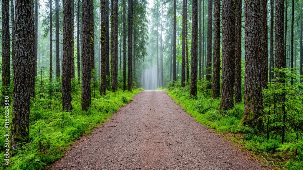 Fototapeta premium Mist forest concept. A serene forest path surrounded by tall trees and lush greenery, shrouded in mist.