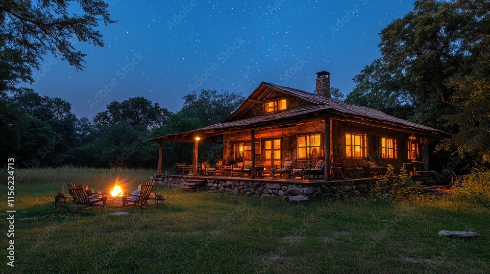 A cozy cabin at night with a campfire in front, surrounded by trees and stars. A cozy cabin at night with a campfire in front, surrounded by trees and stars.
