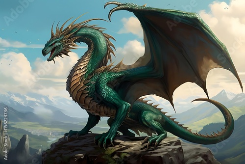 Majestic green dragon perched atop a mountain peak, overlooking a vast landscape.