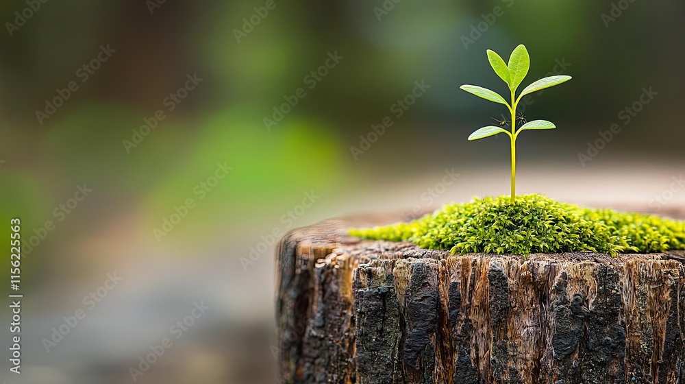 Seedling grow idea. A small green plant sprouting from a moss-covered stump in a serene environment. Seedling grow idea. A small green plant sprouting from a moss-covered stump in a serene environment.