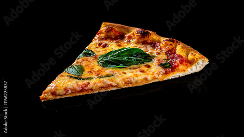 A delicious slice of pizza topped with gooey cheese, fresh basil, and a perfectly crispy crust, presented against a dark background, making it an appetizing focal point for food lovers.