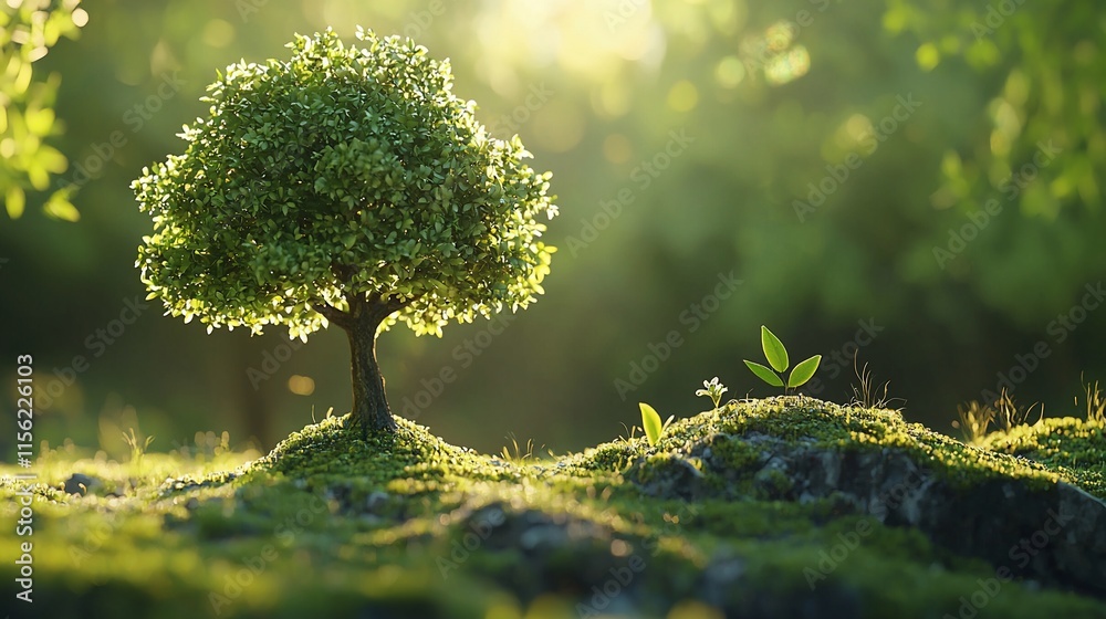 Small tree on mossy rocks in sunlight. Small tree on mossy rocks in sunlight.