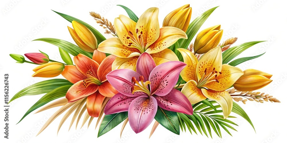 Obraz premium Watercolor Goldenrayed Lily Orchid Bouquet Wedding Invitation Floral Design