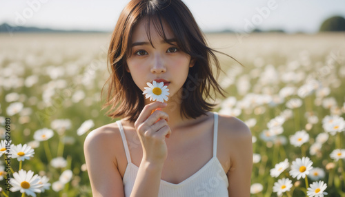 Young Asian Woman Holding a Daisy in a Field of Flowers