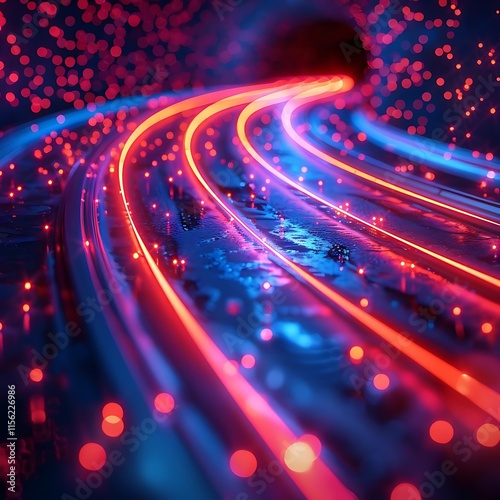 Abstract glowing red and blue lines curving through dark space, resembling a futuristic highway or network.