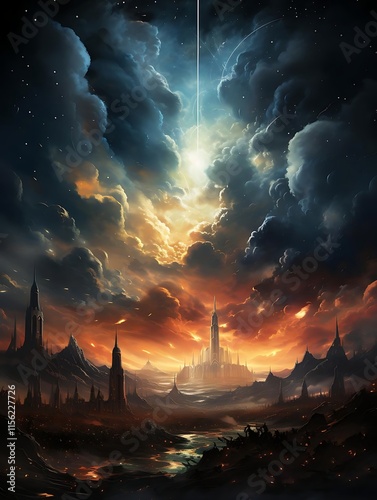 Dramatic fantasy landscape with a celestial beam piercing dark clouds above a fiery, mountainous city at sunset.