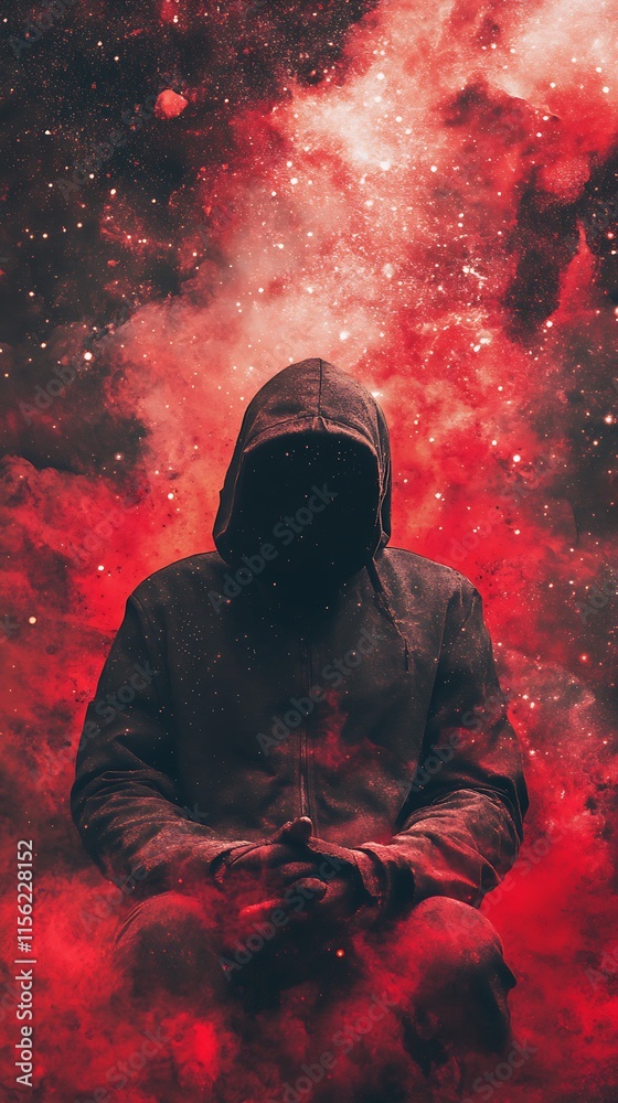 Mysterious Figure in Red Nebula. Concept of anonymity, mystery, and the unknown. Mysterious Figure in Red Nebula. Concept of anonymity, mystery, and the unknown.