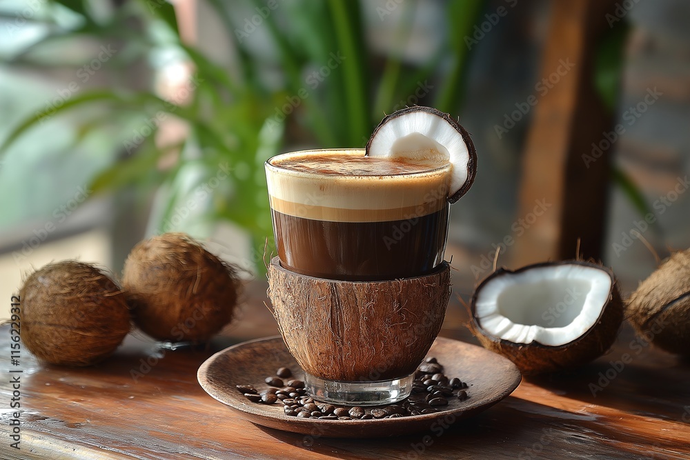 Savoring Vietnamese coconut coffee topped with creamy foam and served in a coconut shell