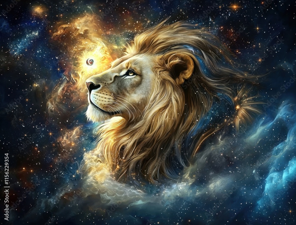 Naklejka premium Astrological Sign Leo Set Against a Starry Space Background