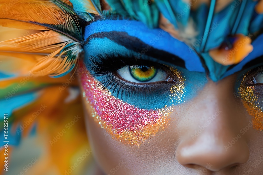 Close-up of vibrant carnival makeup showcasing colorful designs and intricate details