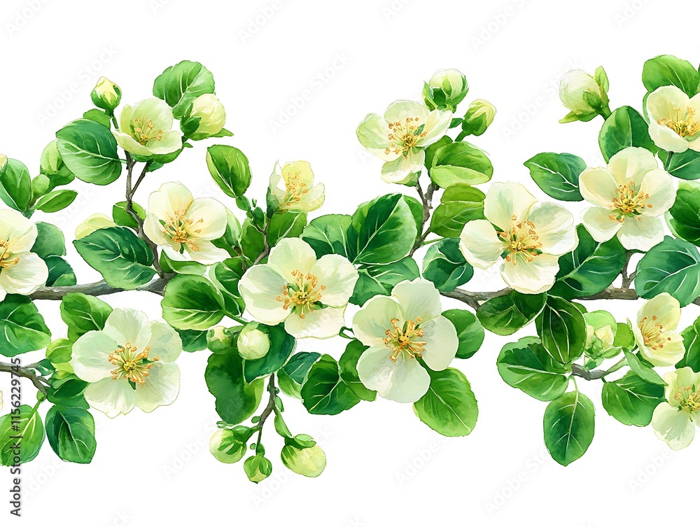Naklejka premium Delicate Watercolor Painting of Blooming Branch with White Flowers