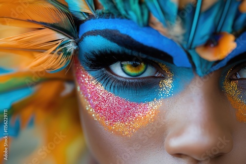 Obraz na płótnie Close-up of vibrant carnival makeup showcasing colorful designs and intricate details w salonie