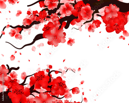 Plum Blossom Frame, Cherry Bloom Border, Sakura Tree Background. Spring Falling Petals on Transparent Background
