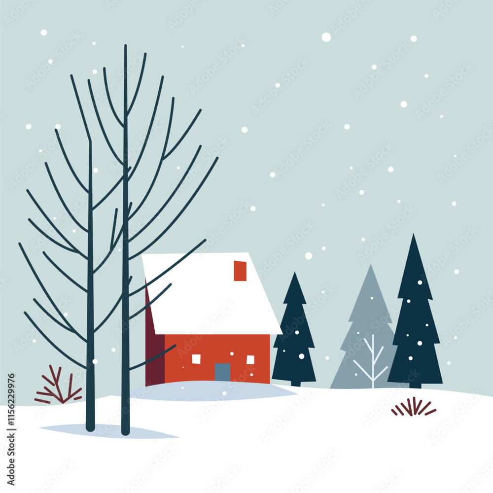 Fototapeta premium This image depicts a serene winter scene featuring a red cabin with a snow-covered roof. The cabin is surrounded by tall, leafless trees and evergreen trees, all blanketed in snow. Snowflakes are gent